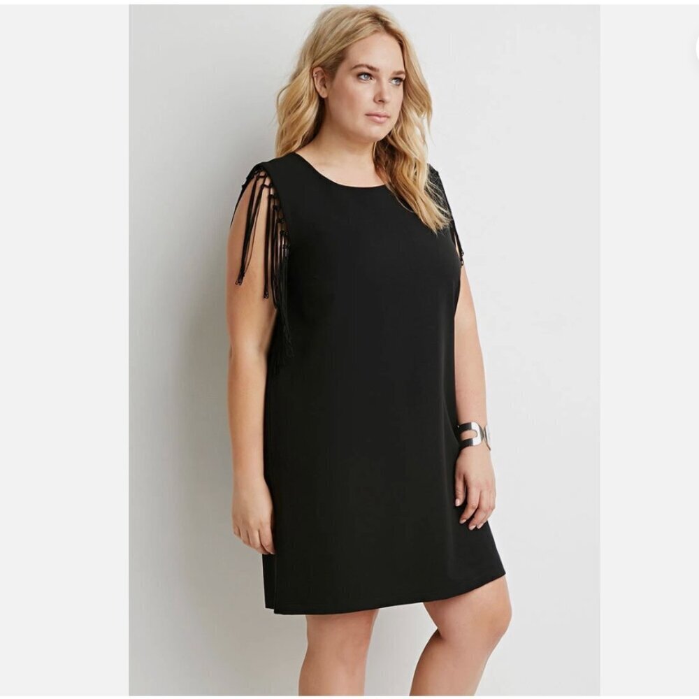 Forever 21 Women's Size Medium Knotted Fringe-Trim Shift Dress Black Sleeveless